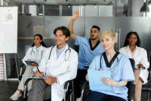 Multiracial team of doctors having professional training